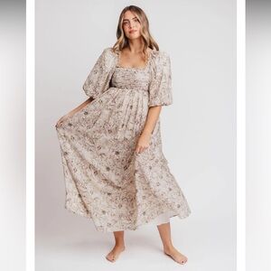 Nwt Melody Maxi Dress with Pleats and Bow Detail in Brown, Blue Floral - small